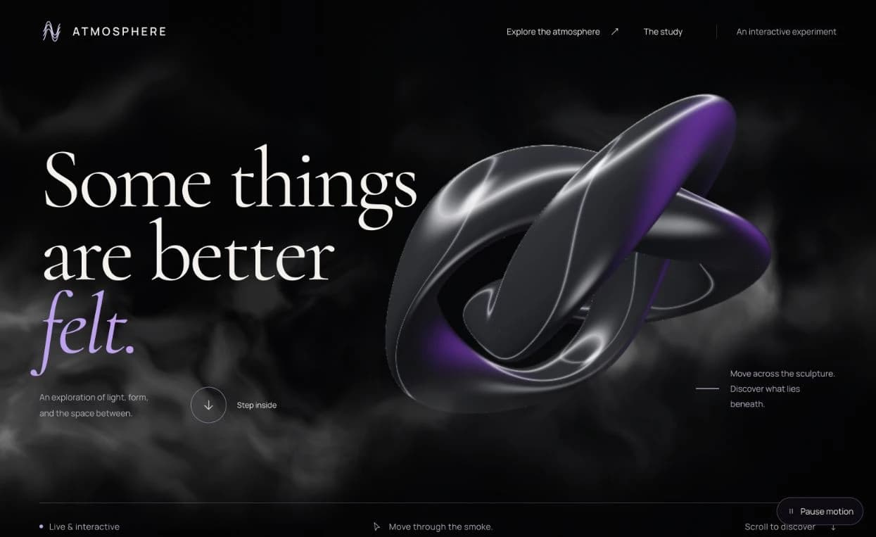 The Atmosphere demo with a metallic sculpture, white smoke, and lavender typography against a dark background.