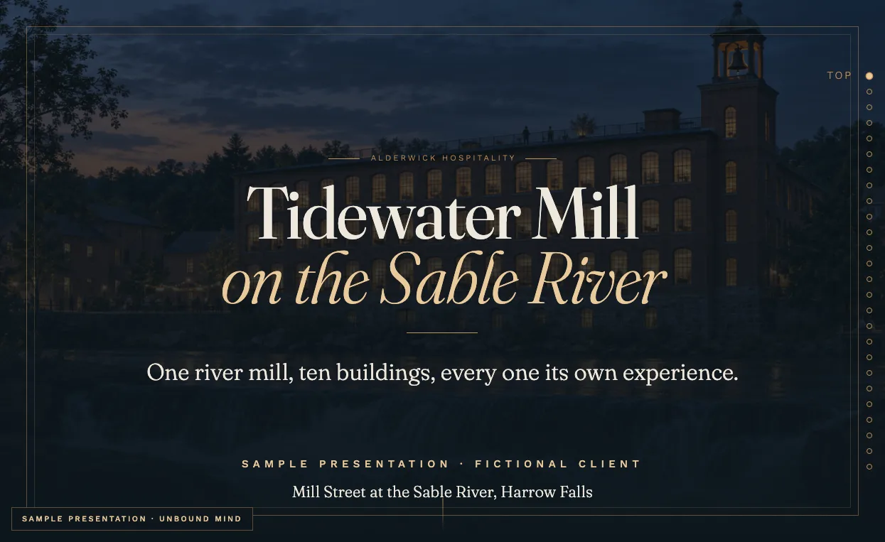 The opening of the Tidewater Mill sample presentation, a lit red-brick mill with a bell tower above a waterfall at dusk.