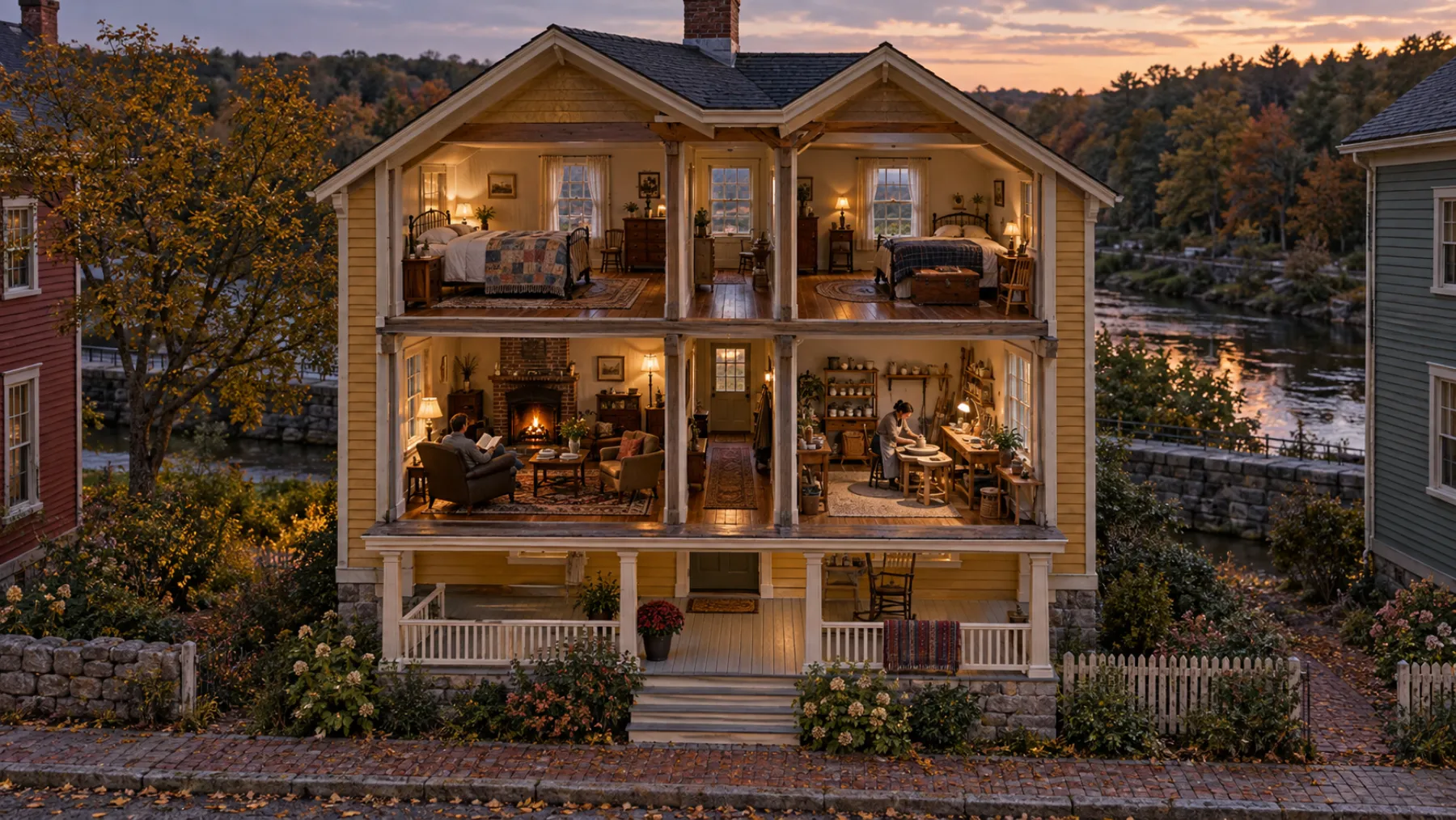 The Spinner, a two-storey cottage with two bedrooms, shared living room, kitchen and one flexible studio