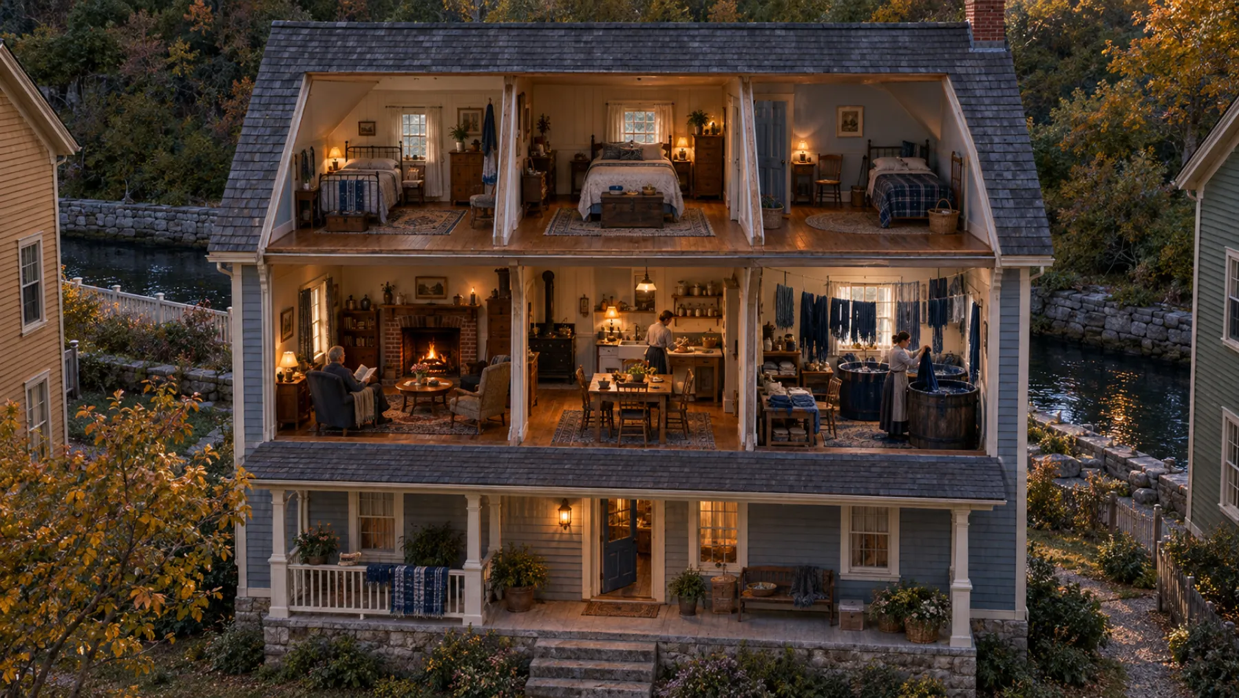 The Dyer, a two-storey cottage with three bedrooms, shared living room, kitchen and one flexible studio