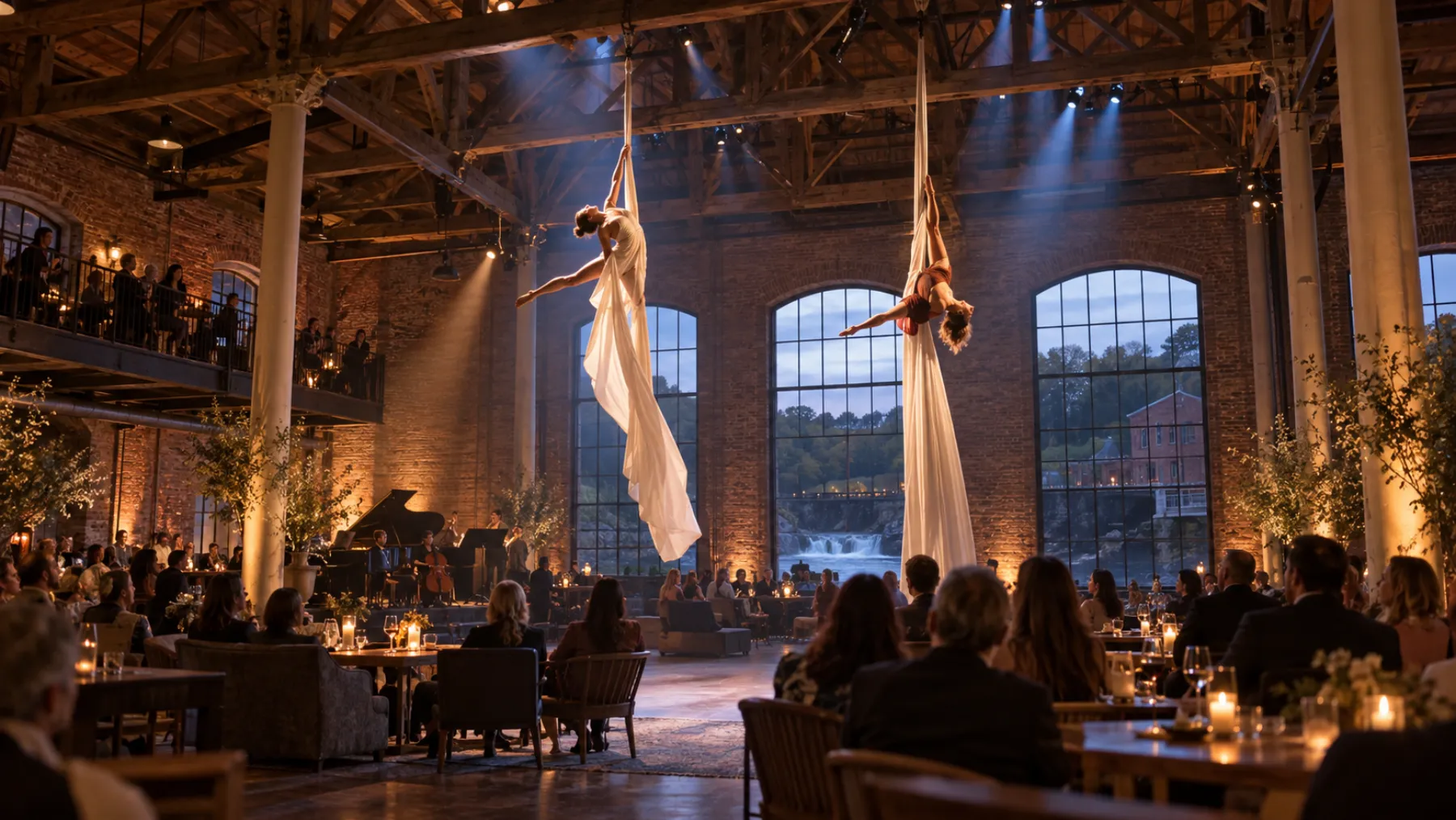 Aerial and fire show across the combined Long and River Rooms
