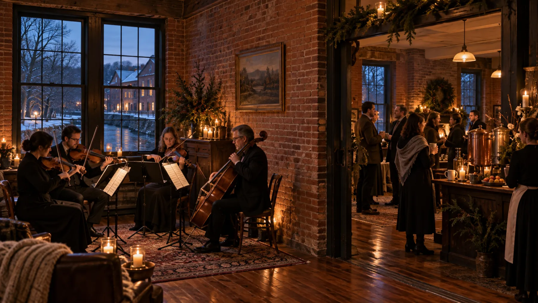 Winter solstice concept with a string quartet, a cider bar, a living statue and a fireside lounge in the Bobbin Rooms