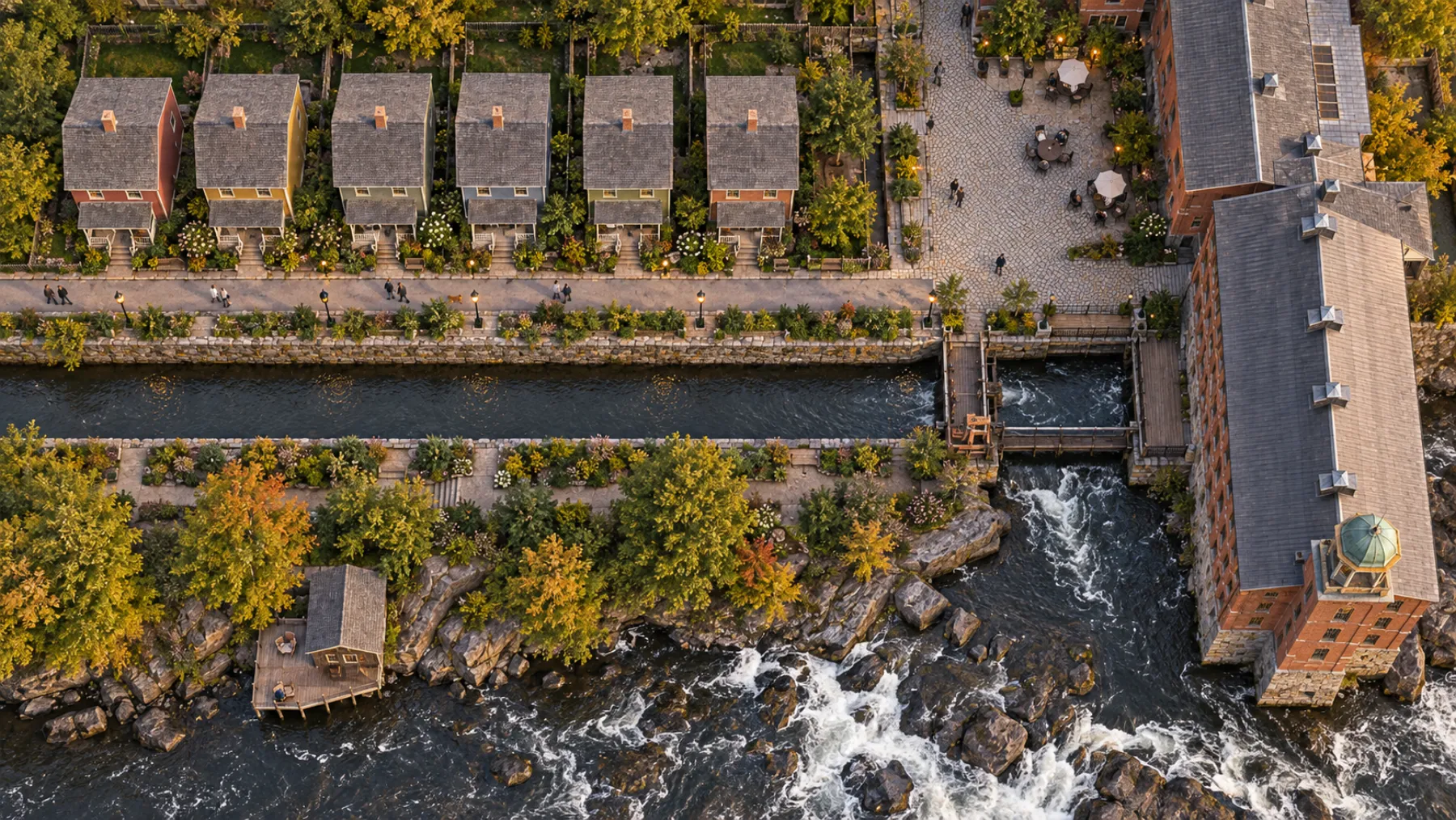 Aerial concept render of the Millrace as a stone canal walk connecting Weavers' Row to the Mill Yard