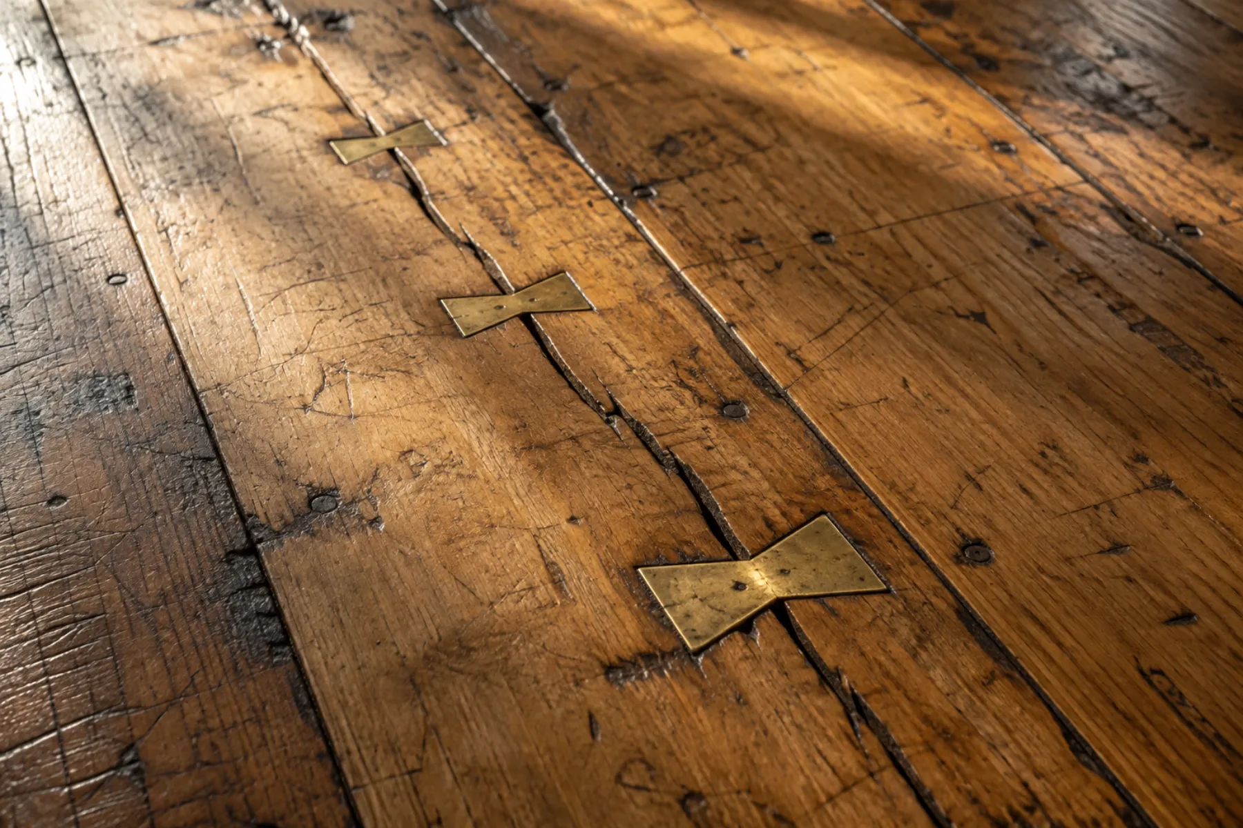 Concept of brass butterfly keys mended into a cracked maple floorboard