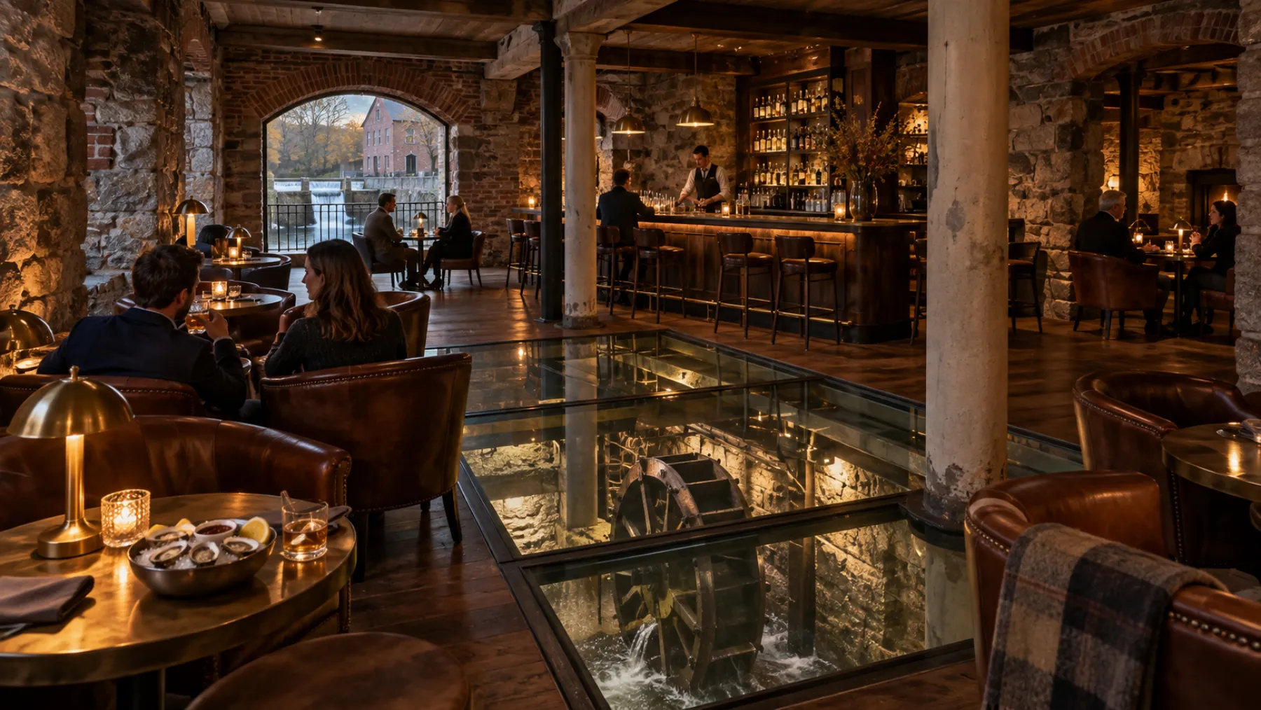 Wheelhouse concept render of a granite cellar lounge beneath the Weave Hall, with the old wheel pit under glass, leather seating and candlelight
