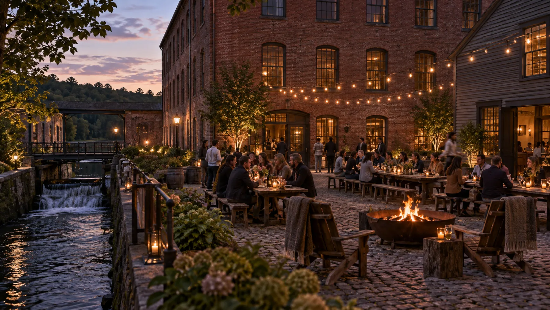Yard concept render showing the cobbled courtyard between the Pattern Shop and the Weave Hall, with string lights, long tables and a fire bowl